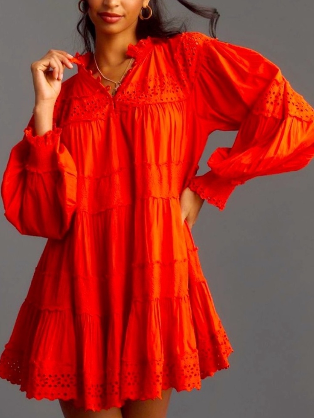 Maeve Anthropologie Orange Ruffled Tunic Eyelet Tiered Long Sleeve Dress S Mock